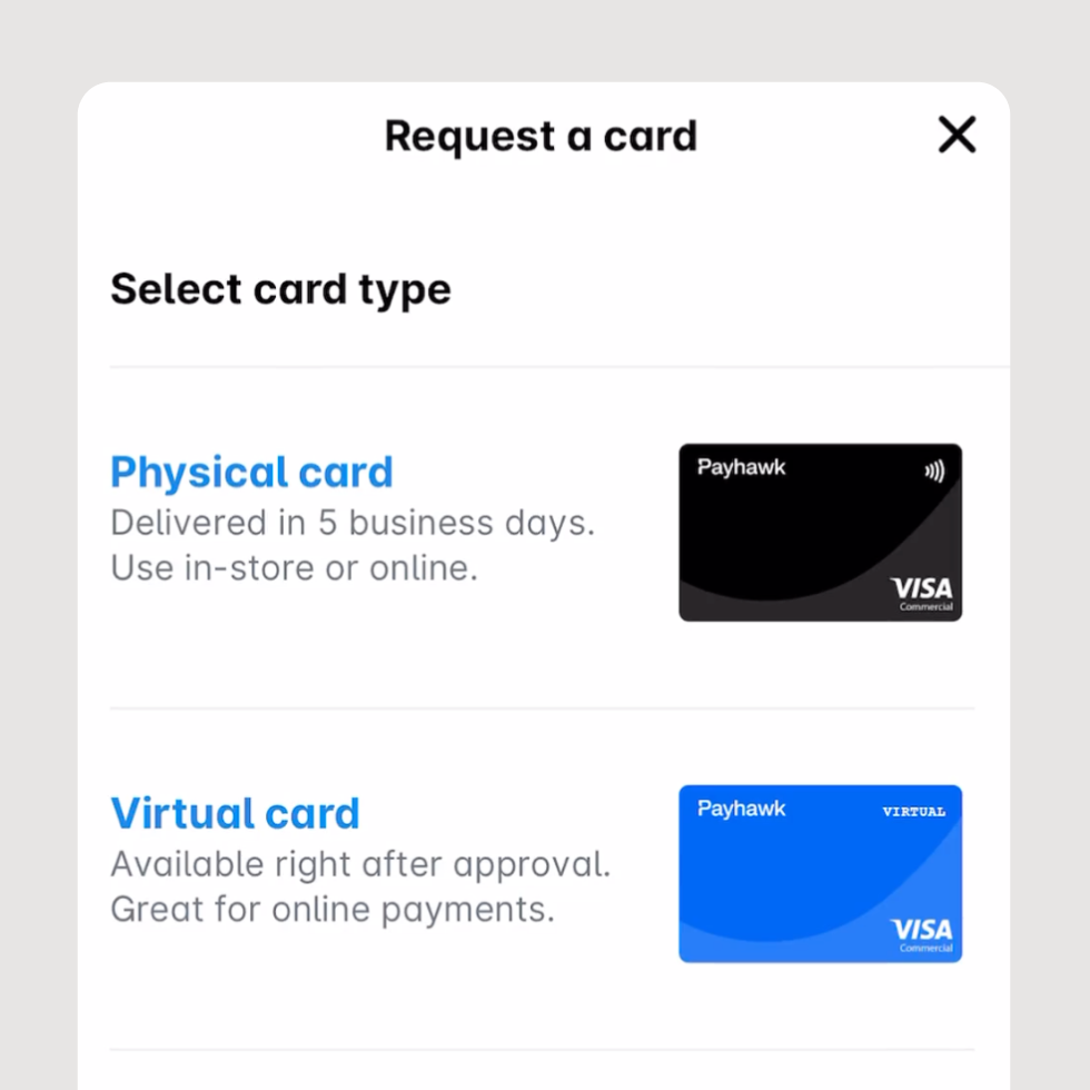 Requesting a new corporate expense card is easy with Payhawk Spend Management solution